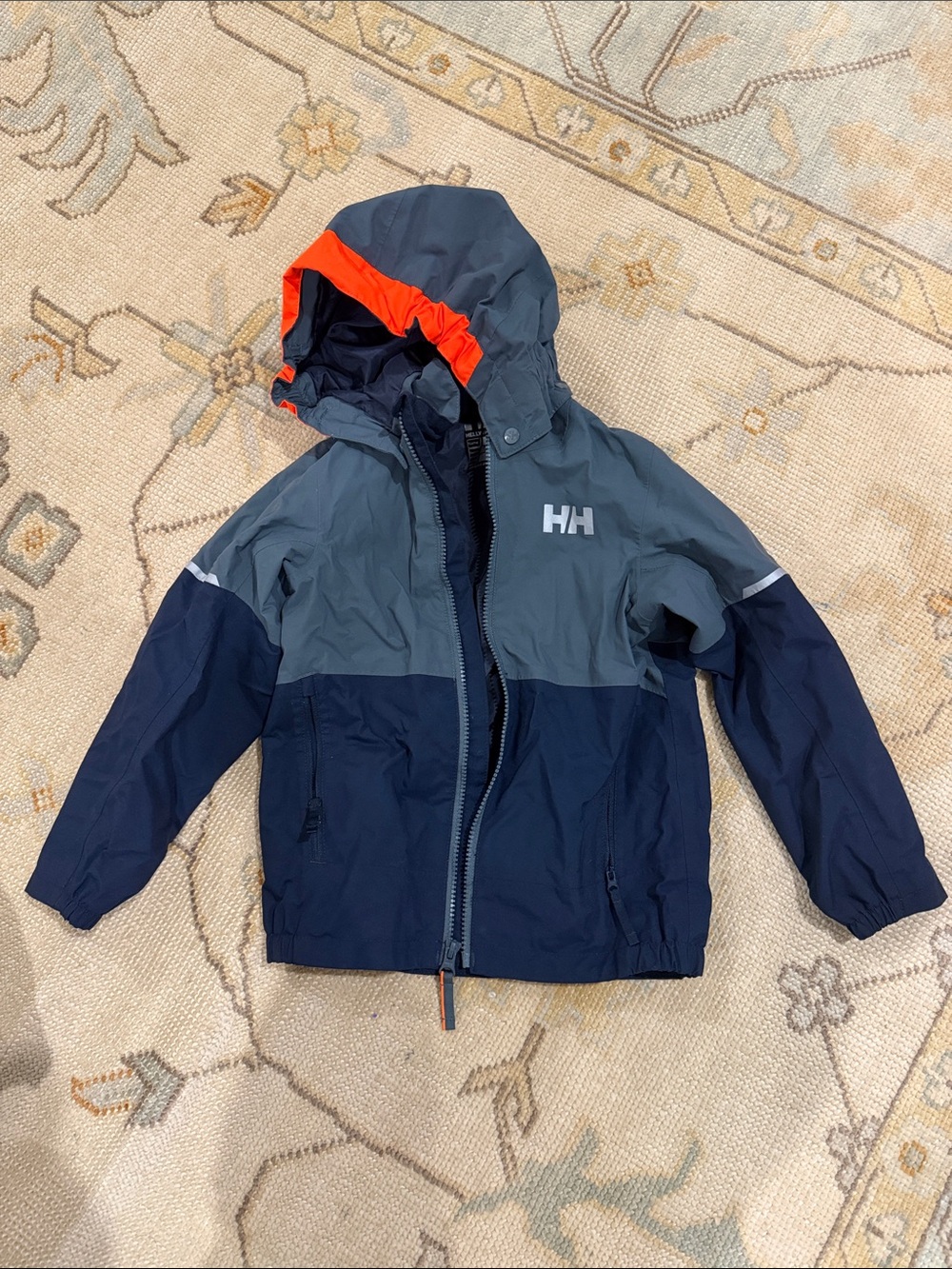 Helly Hansen Navy, Gray & Orange Kids' Waterproof Hooded Rain Jacket